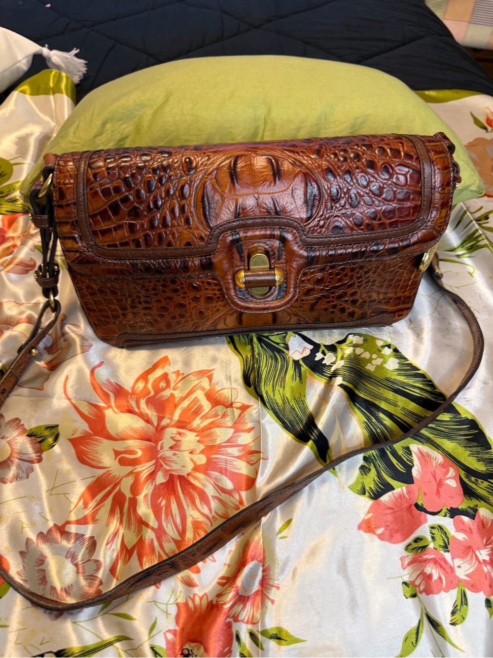 Brown Croc-Embossed Leather Shoulder Bag